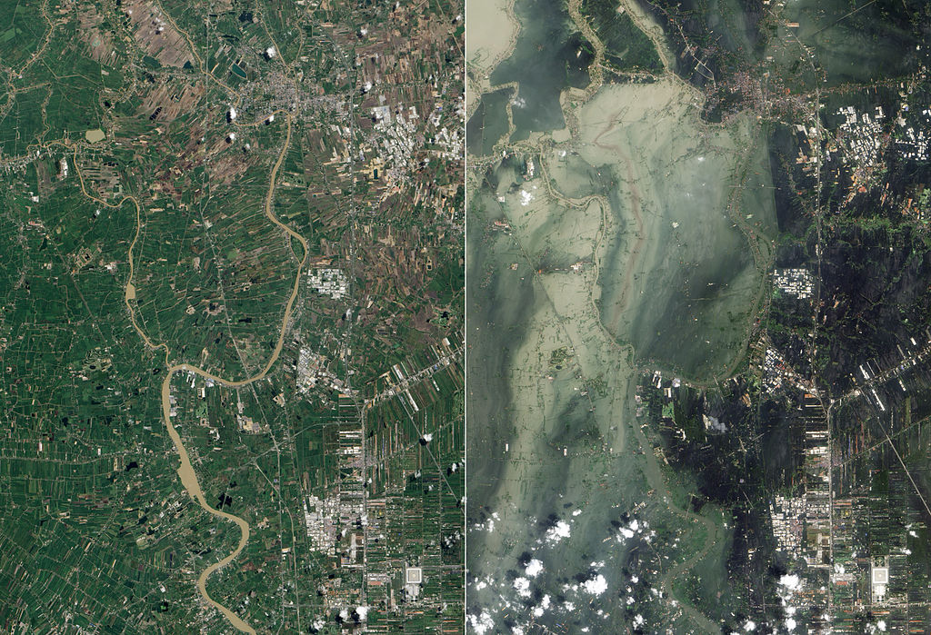 Satellite comparison of the same region before and after flooding, with green farmland and urban development on the left transformed into murky brown floodwater covering most of the landscape on the right.