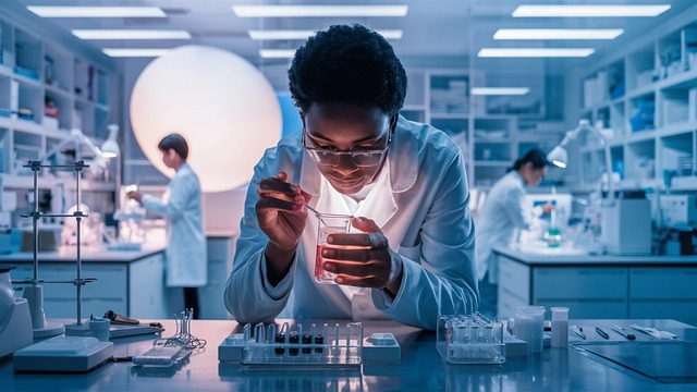 researcher examining beaker