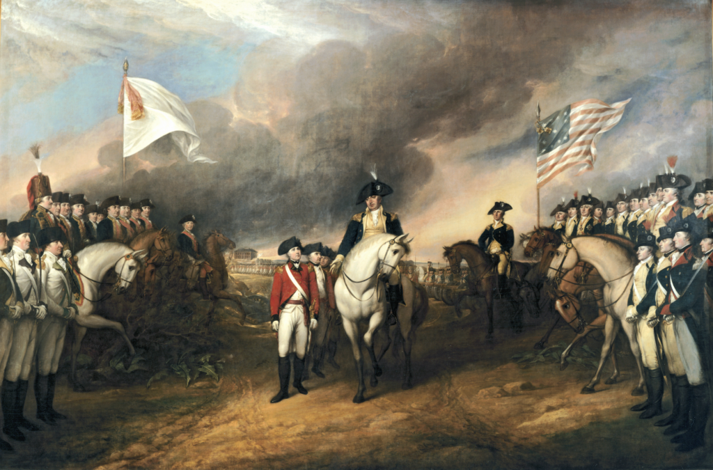 This painting depicts the forces of British surrendering to French and American forces after the Siege of Yorktown during the American Revolutionary War.