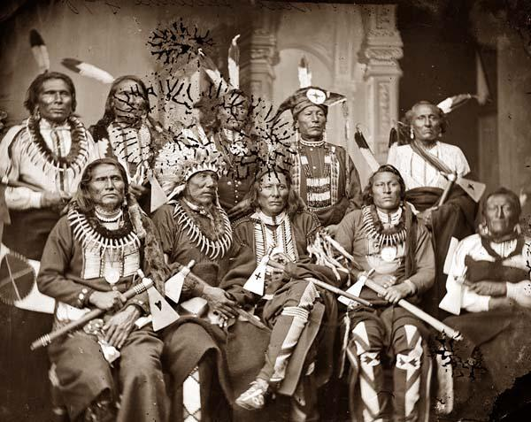 Black and white photograph of Native American chiefs in 1865.