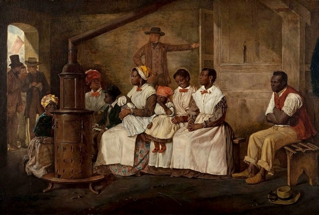 A painting of slaves waiting for sale in Richmond, Virginia.