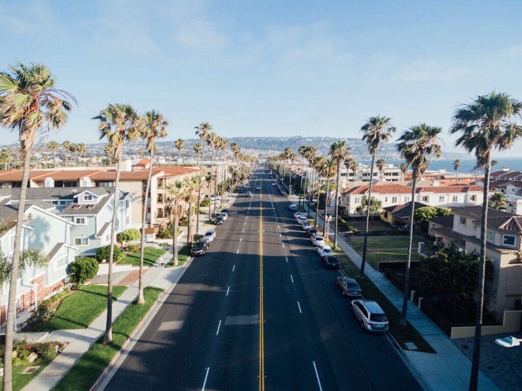 A palm-lined residential street stretches toward the ocean in a Southern California beach town, with stucco homes and parked cars on either side.