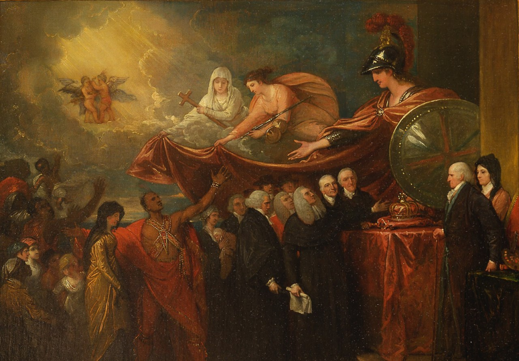 A painting of Britannia offering solace and a promise of compensation for her exiled American-born British Loyalists.