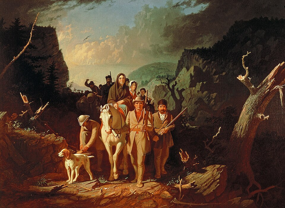 A painting of Daniel Boone escorting settlers through the Cumberland Gap.