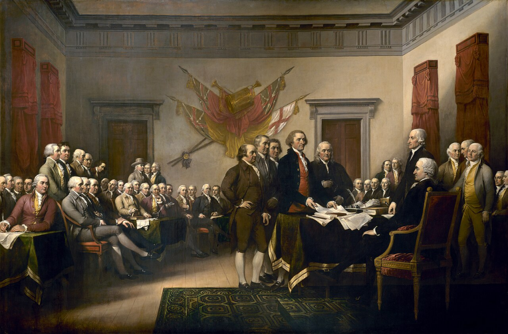 This painting depicts the drafting committee of the Declaration of Independence presenting their work to the Congress.