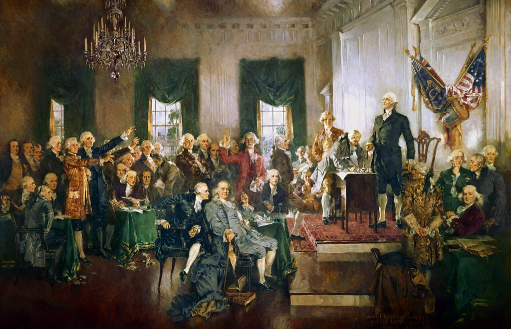 Painting of the scene at the Signing of the Constitution of the United States.
