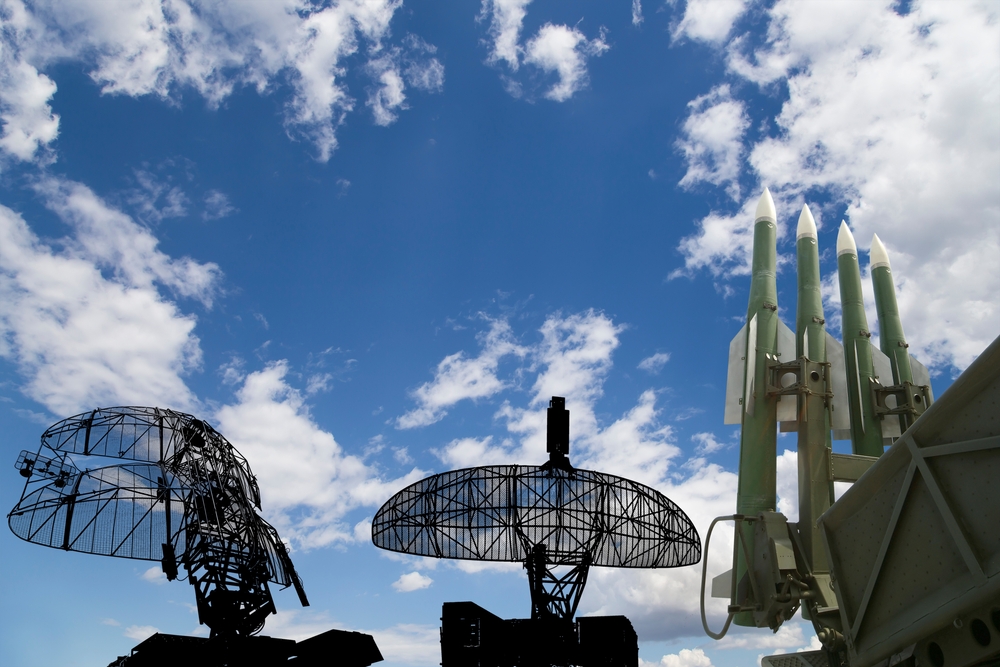 Air defense radars of military mobile anti aircraft systems and modern Russian anti aircraft missiles OSA-AKM on background clouds and sky,Russia  