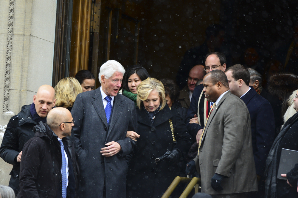 NEW YORK CITY - JANUARY 6 2015: funeral services were held for former New York governor Mario Cuomo at St. Ignatius Loyola Church on Manhattan's Upper East Side. Bill & Hillary Rodham Clinton