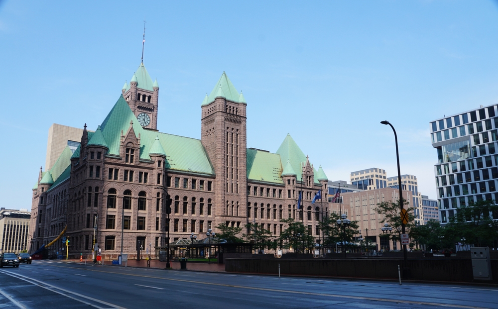 Minneapolis, Minnesota, U.S.A - July 12, 2024 - The view of the Minneapolis City Hall and Hennepin County Courthouse