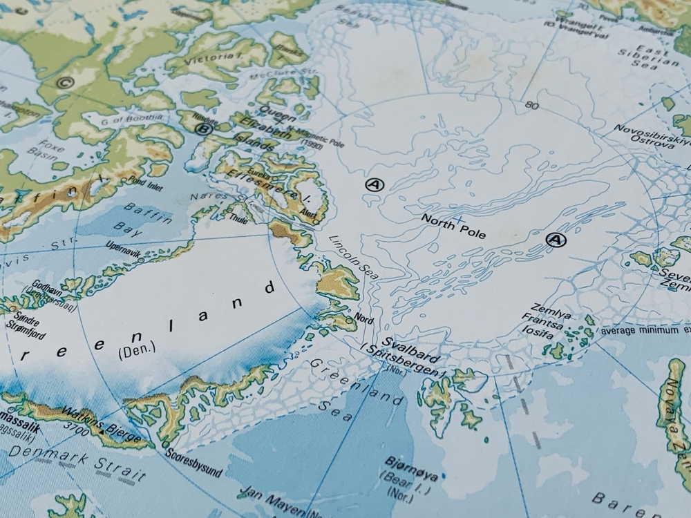 North Pole, Arctic, a map from a world atlas, suitable to illustrate travel destinations and tourism themes, world politics, trade and economy