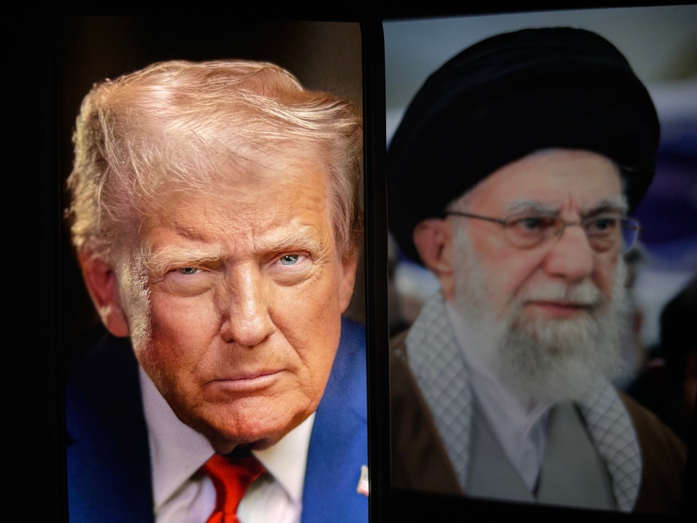 Toronto, Canada - June 19 2025 A photo of Ali Khamenei, the supreme leader of iran with Donald trump, the president of the united states. 