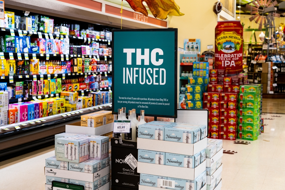 Apex, North Carolina - December 6 2025: THC Infused Beverage Display At Lowes Grocery Store Showcases Marijuana Alternative Alcohol Products