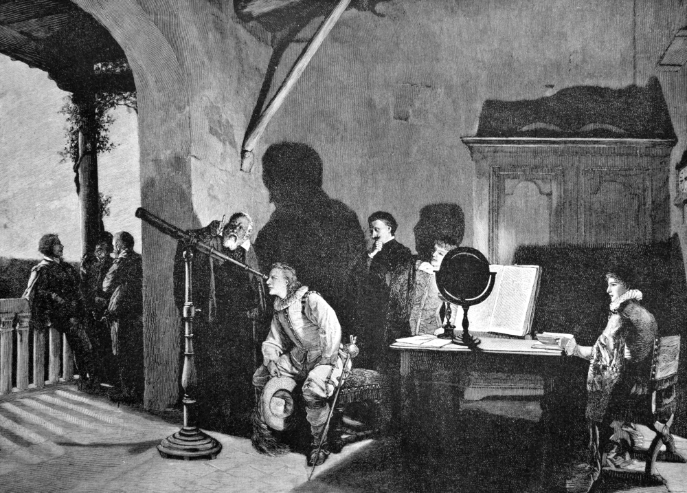 Milton and Galileo. Metal engraving by Kloss from a photo by artist Gatty. Published in a magazine "You hear"AF Marx publishing house, St. Petersburg, Russia, 1893