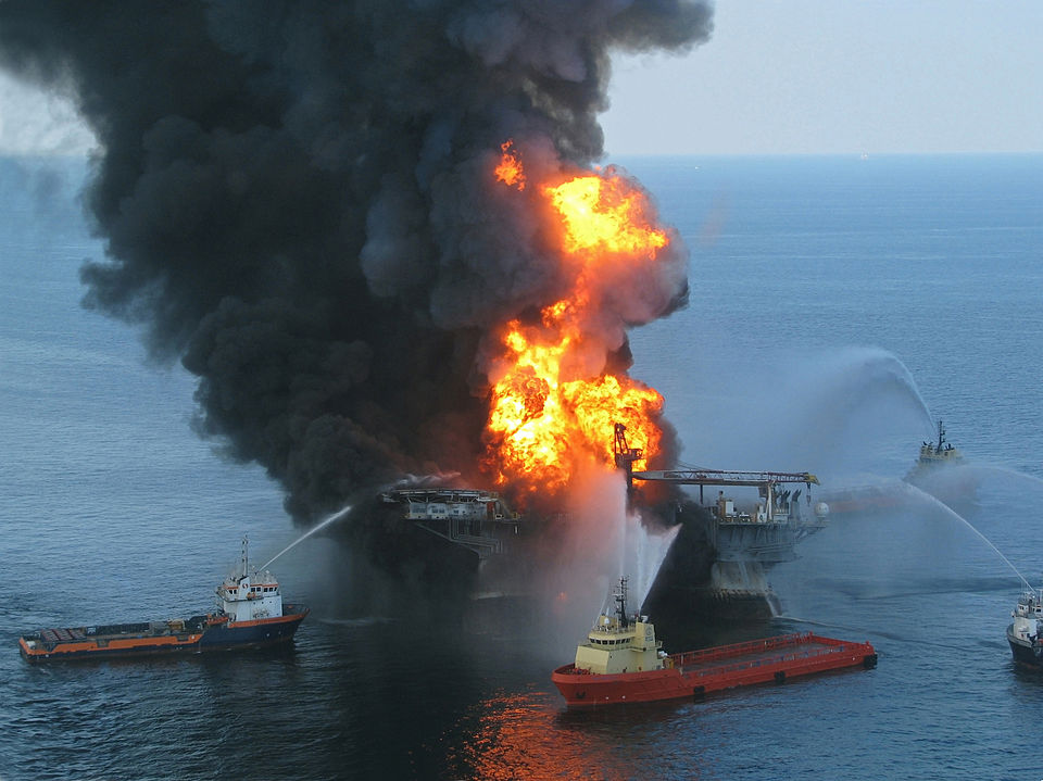 The offshore oil rig Deepwater Horizon ablaze in 2010.