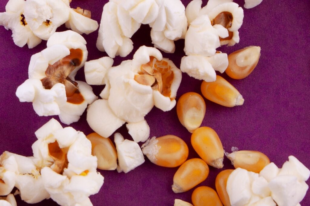 Fluffy white popped popcorn and unpopped yellow kernels scattered across a purple background.