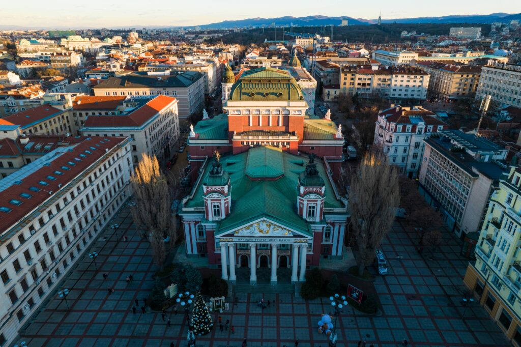 Birds Eye View of Ivan Vazov National Theater and Rooftops of Sofia in Bulgaria
