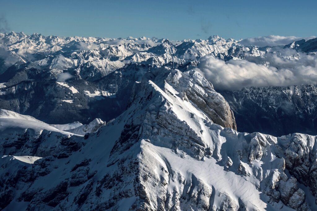 Majestic mountain range with snow in wintertime