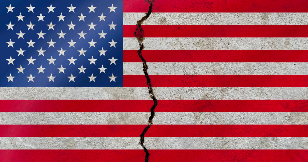 Grunge USA (United States of America) national flag isolated on dirty broken wall background, abstract US democracy election politics society divided conflicts concept wallpaper