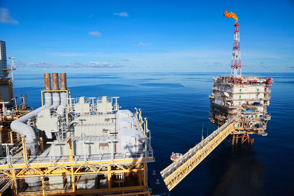 Offshore construction platform for production oil and gas. Oil and gas industry and hard work. Production platform and operation process by manual and auto function from control room.