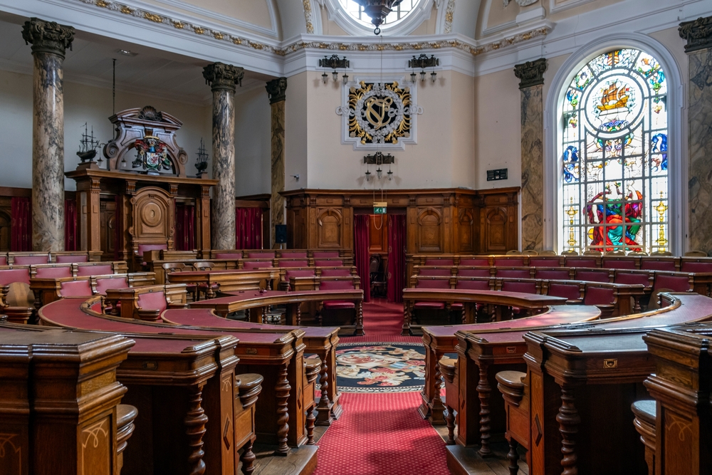 CARDIFF, UK - AUGUST 11, 2023: Cardiff City Hall Council Chamber,  Grade I listed building in Cathays Park, Cardiff, Wales