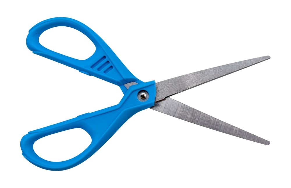 opened scissors with blue handles