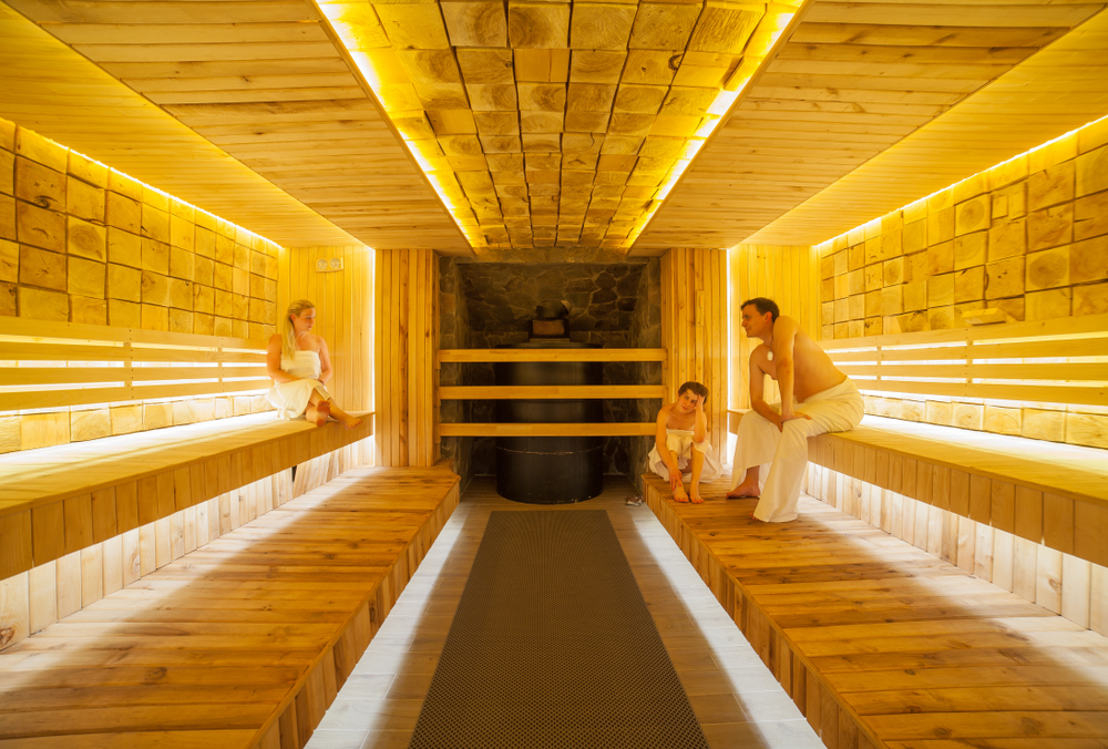 CZECH REPUBLIC, FRYMBURK - JULY 11 2018: three people in the sauna, Frymburk, Czech Republic