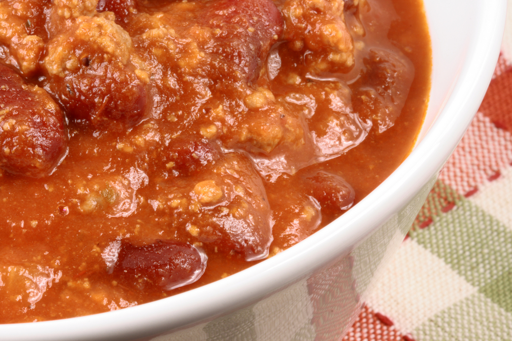 Delicious bowl of chili beans made with lean beef and organic kidney beans
