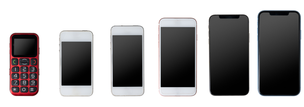 Phone evolution from cellphone to newest generation smartphone. Isolated on white background.