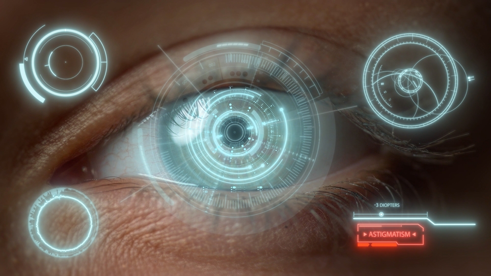 Vision health futuristic scanning process inspecting biometrics astigmatism. Modern high-tech medical scanner looking eye diseases checking human retina condition closeup. Digital medicine concept