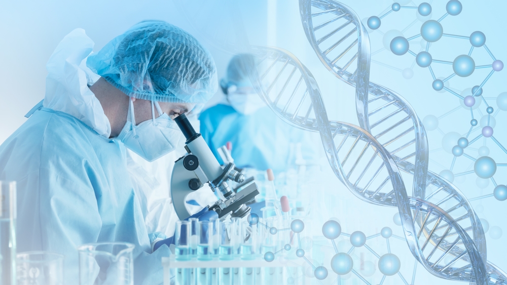 research and developement concept background scientist or reseacher using microscope in biotechnology laboratory  overlay with DNA strand and molecules symbo; . concept of DNA engineering