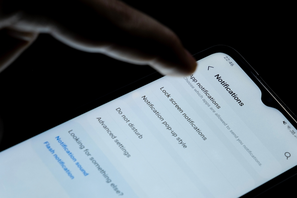 App notifications on Android phone, phone page screen, distraction or focus concept, smartphone screen with black background, turn off notifications: Istanbul, Turkey - 12.03.24