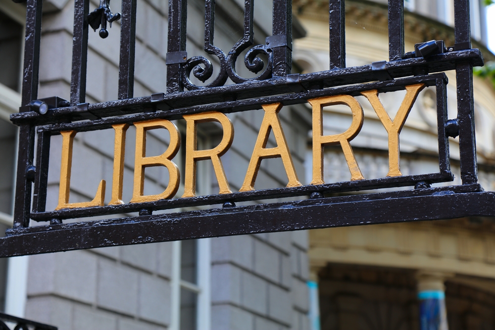 Library sign in front of National Library of Ireland in Dublin, Ireland