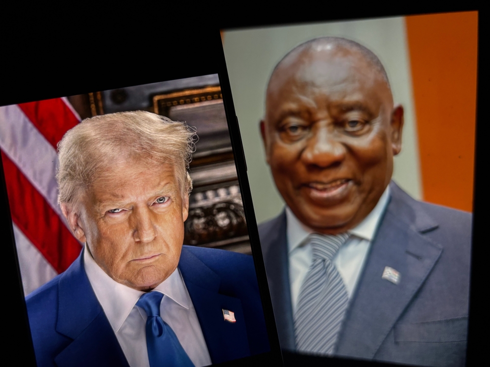 Toronto, Canada - May 23 2025 A photo of usa or united states president donald trump in the front with south african president Cyril Ramaphosa in the back. 