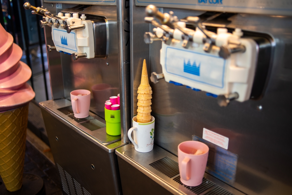 Ice cream machines with cones and cups in a shop setting in Seoul, South Korea on 15 December 2023
