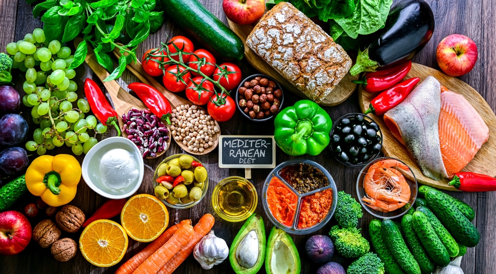 Food products representing the Mediterranean diet.