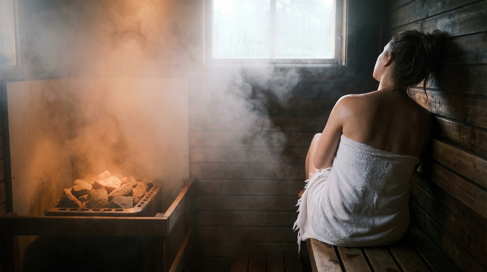 Person in a Sauna with Volumetric Steam and Warm Stove Light, Glistening Skin and Terry Cloth Towel on Wooden Bench

