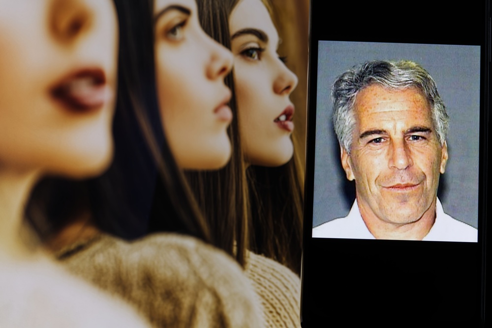 Portrait of Jeffrey Epstein displayed on a mobile device, with background images of young girls visible behind it, New York — February 7, 2026.