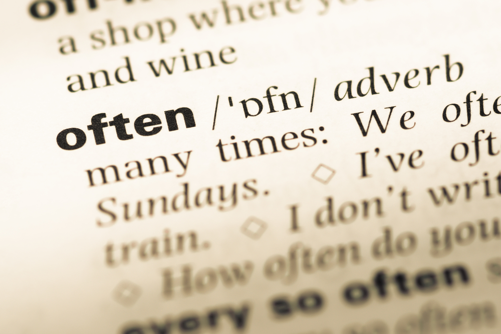 Close up of old English dictionary page with word often