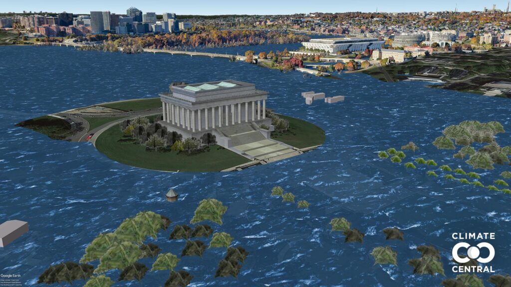 Visualization of sea level rise flooding low-lying areas in Washington D.C.