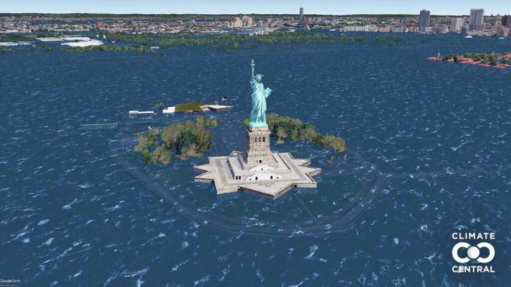 Projected coastal flooding in New York City due to rising sea levels.