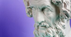 Gypsum copy of ancient statue Homer head on a blue background. Plaster sculpture man face.