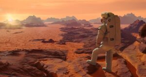 astronaut on planet Mars watching the rising Sun (3d space illustration)