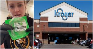 Woman holding empty organic meat package (left) and Kroger Supermarket. The Kroger Co. is One of the World's Largest Grocery Retailers (right)
