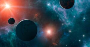 Planets and exoplanets of unexplored galaxies. Sci-Fi. New worlds to discover. Colonization and exploration of nebulae and galaxies. 3d rendering