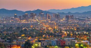 Phoenix, Arizona, USA downtown cityscape at dusk.