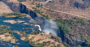 helicopter's aerial photo of Victoria Fall in Zambia, Africa