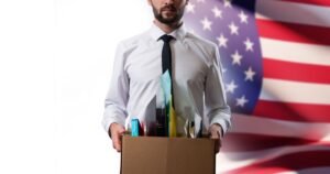 These 10 States Have the Highest Unemployment in America Right Now Unemployment in USA, man in business shirt and tie holding box with personal belongings, concept of job loss, layoffs, recession, crisis