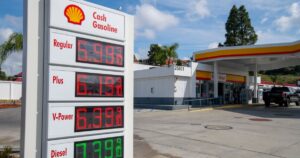 Saugus, Santa Clarita, California. 2026 April 2. Shell gas station sign and price of gasoline and diesel fuel. High gas prices