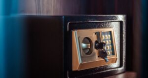 Close-up image of an electronic safe with a key in Baghdad, Iraq.
