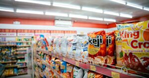 These 25 Store-Brand Grocery Swaps Could Save You Over 40% at the Register Wide shot of vibrant snack aisle in a supermarket with various chip bags on display.